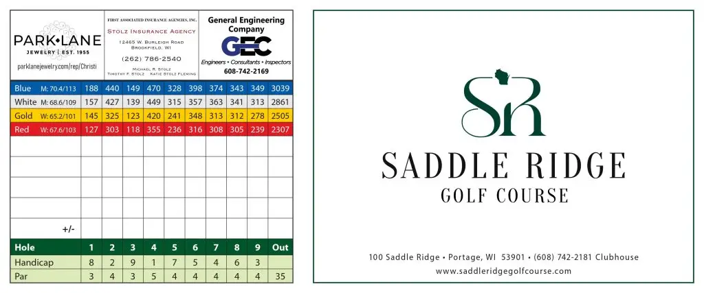saddle ridge golf course portage wi score card